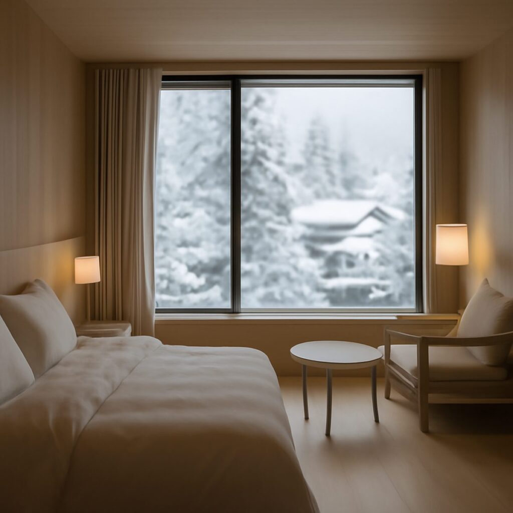 minimalist hotel room with pale wood furnishings and a snowy window view