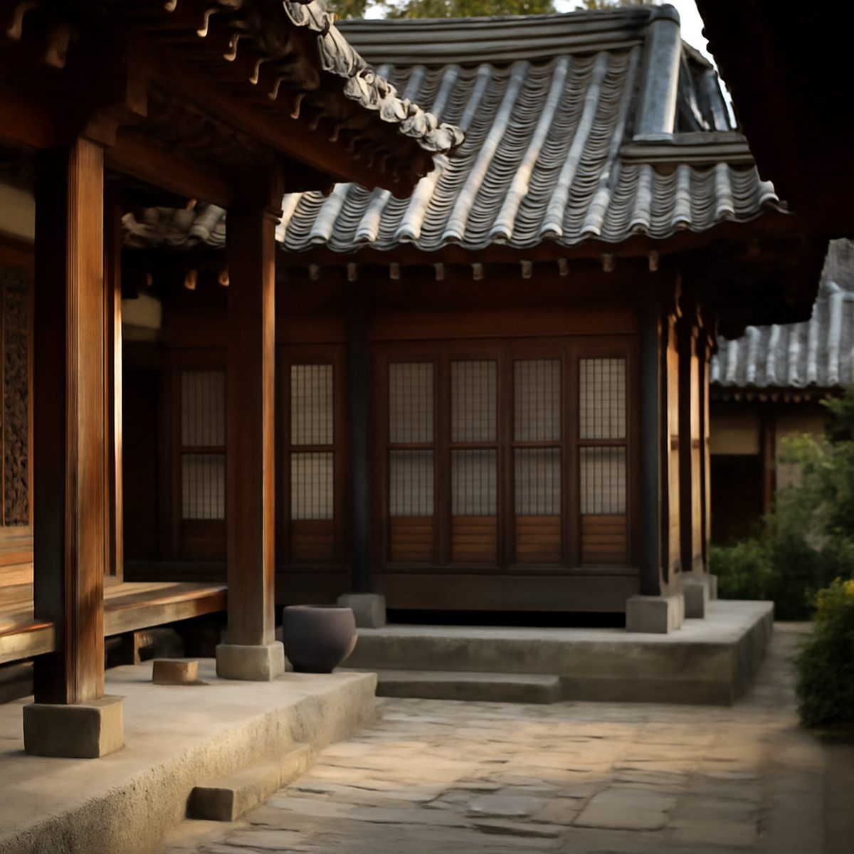 traditional Korean hanok courtyard hotel with wooden beams and stone paving