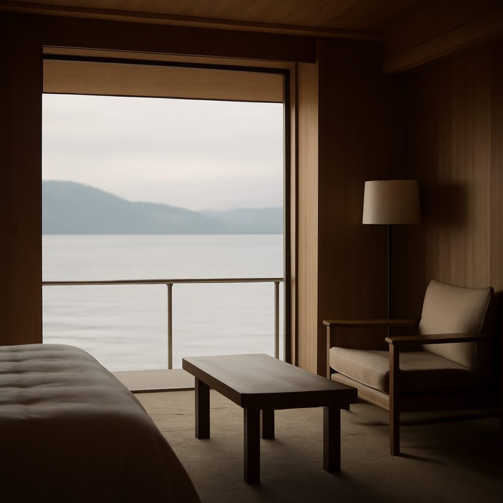 Minimalist hotel room with wooden interior overlooking calm inland sea