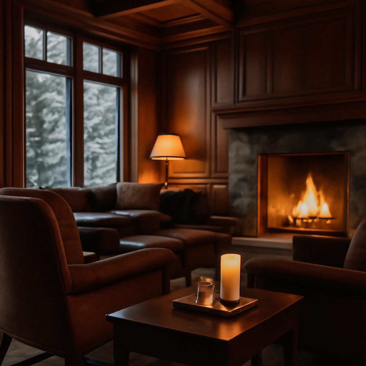 Wood-panelled ski lodge lounge with roaring fireplace and snow outside