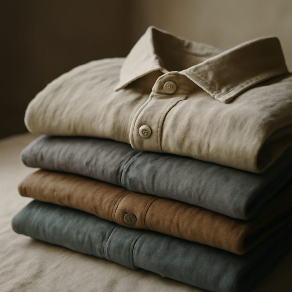 Folded stack of soft cotton and linen shirts in muted colours