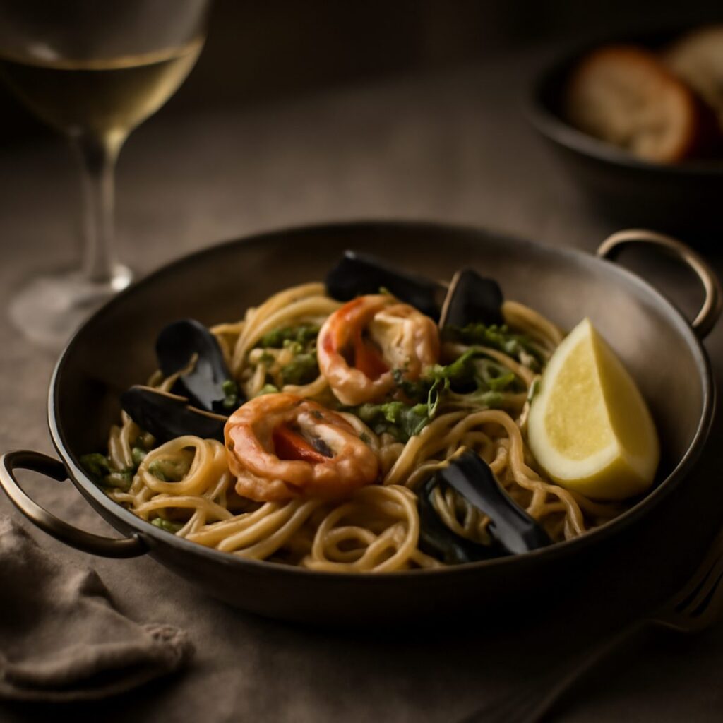 Rustic plate of Catalan seafood noodles with saffron broth on wooden table