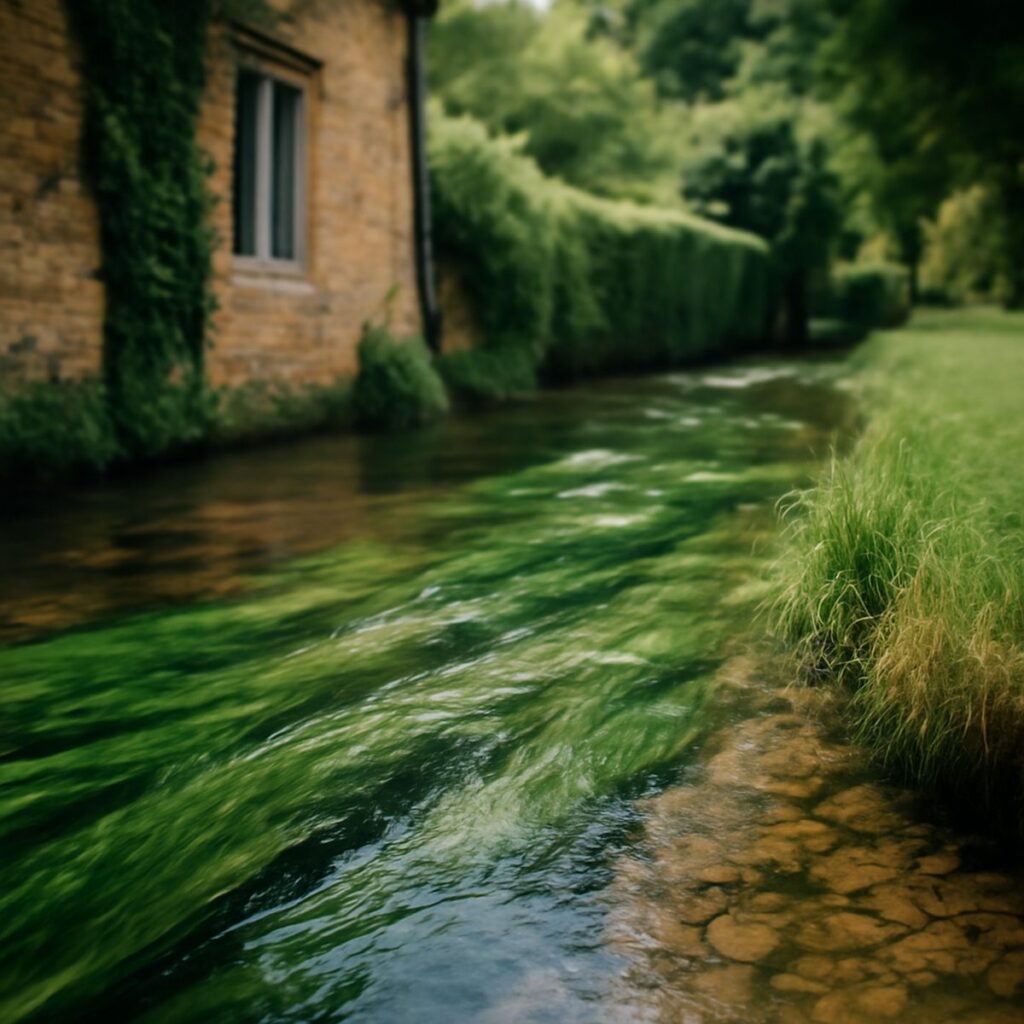 Clear shallow stream flowing over chalk bed with waving green weed
