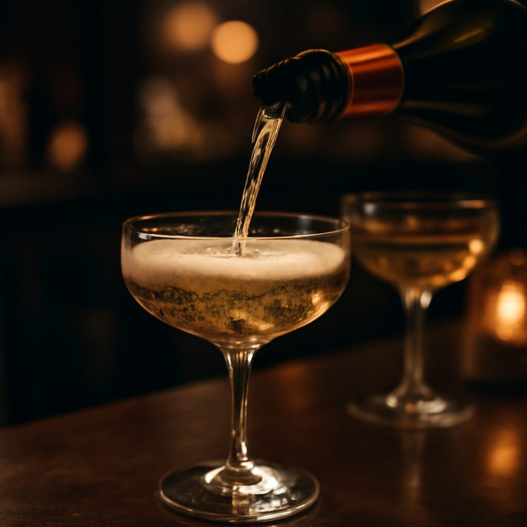 champagne being poured into coupe glasses at dimly lit bar counter