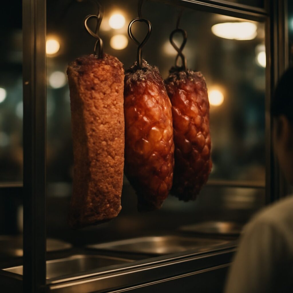 Glossy char siew and crackling roast pork hanging in a hawker stall window