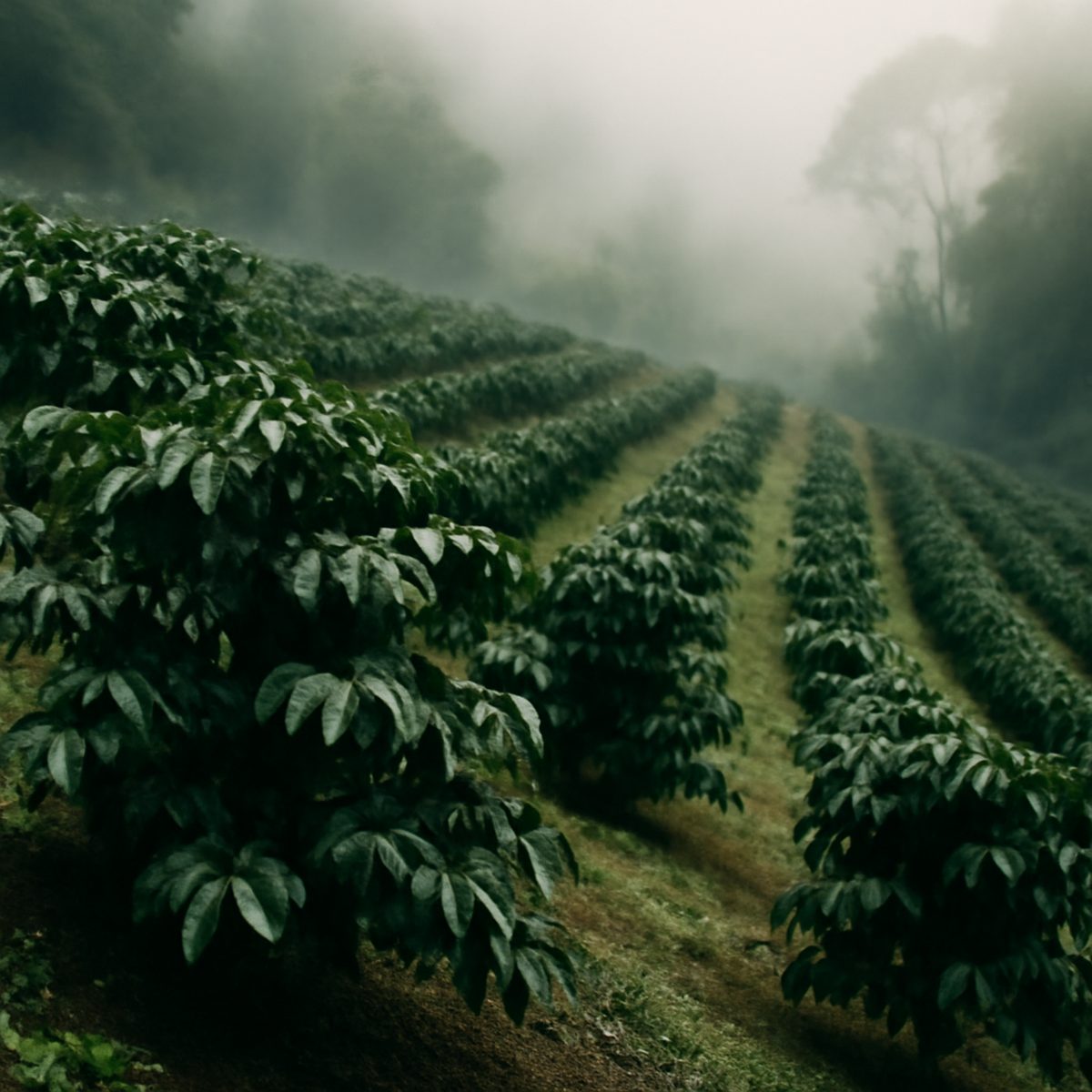 rows of coffee shrubs on a misty highland plantation at sunrise
