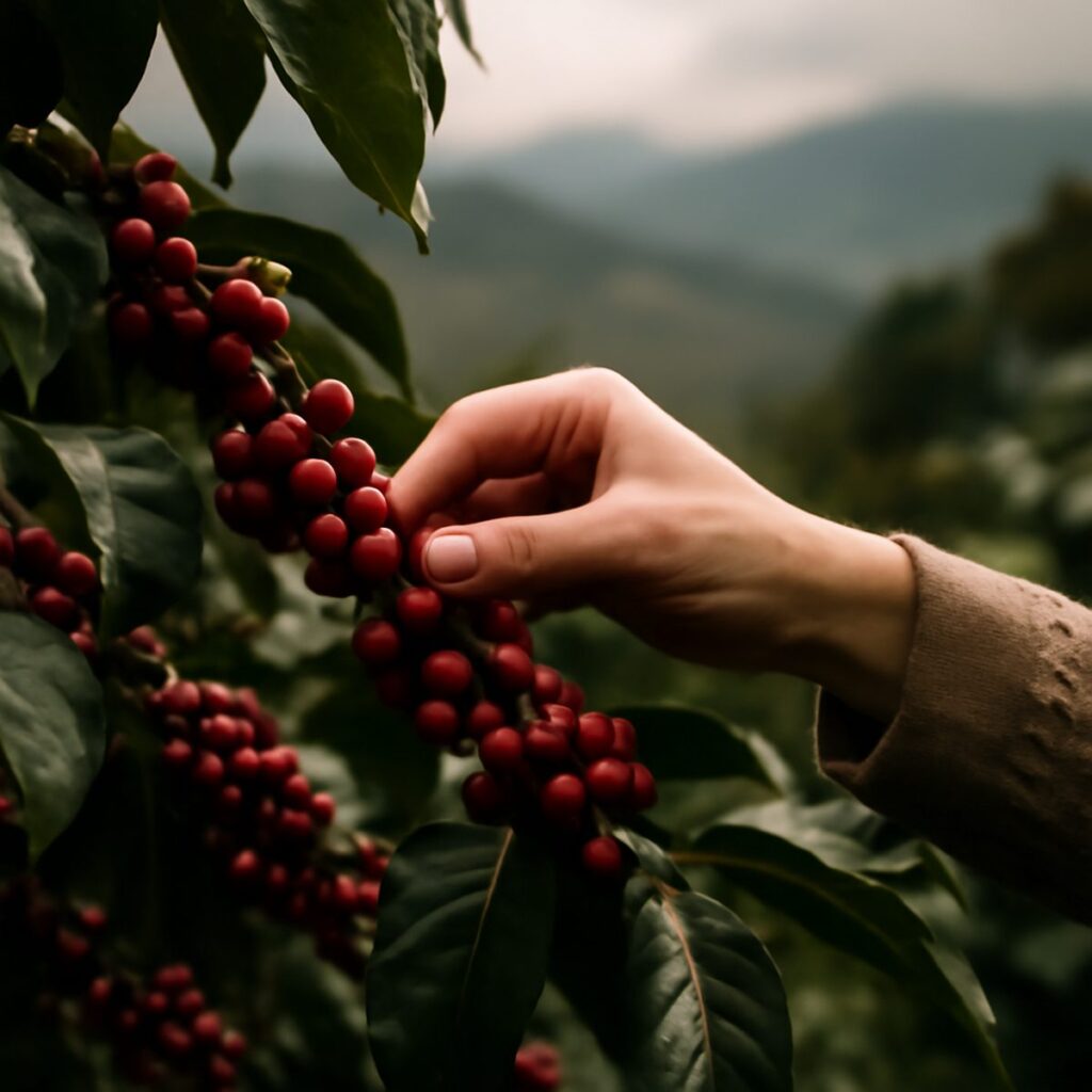 Red coffee cherries being hand-picked on a misty highland plantation
