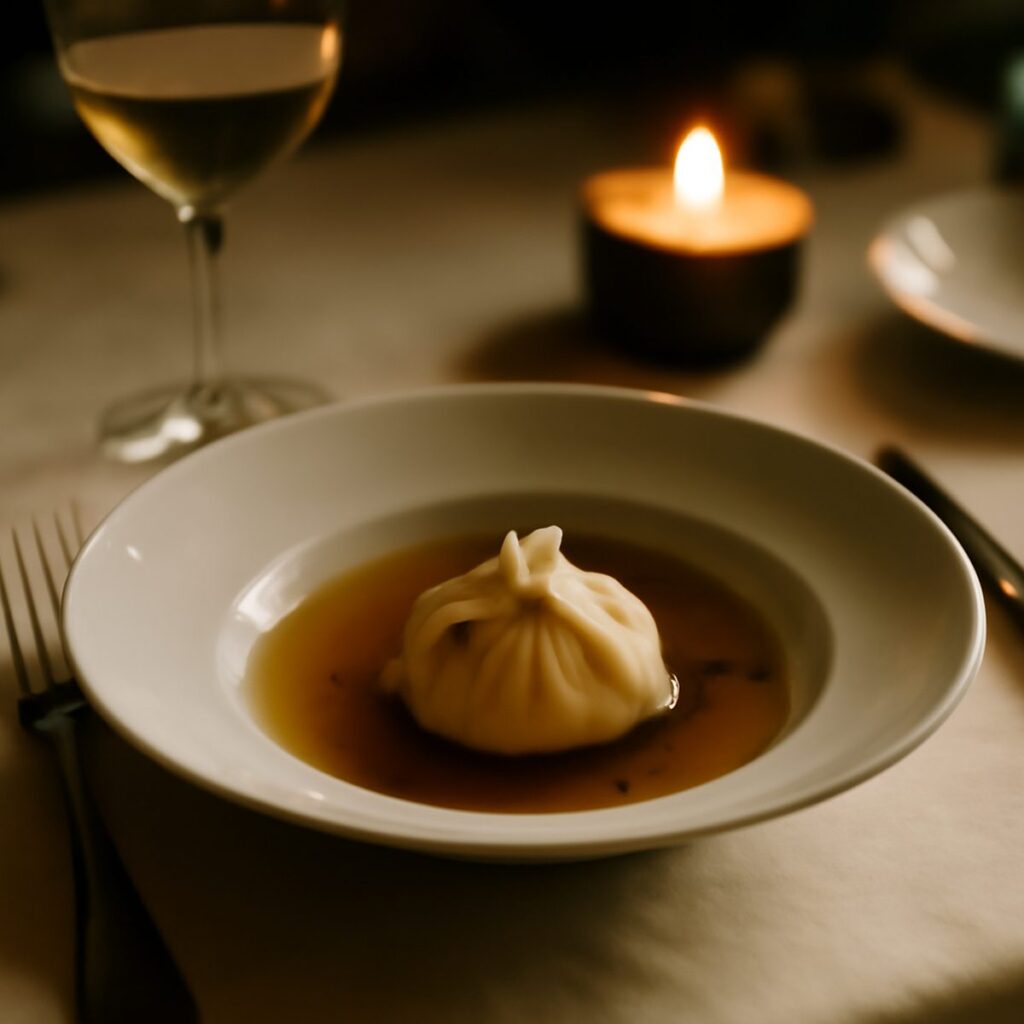 elegant plated Chinese tasting course with dumpling and consomme in bowl