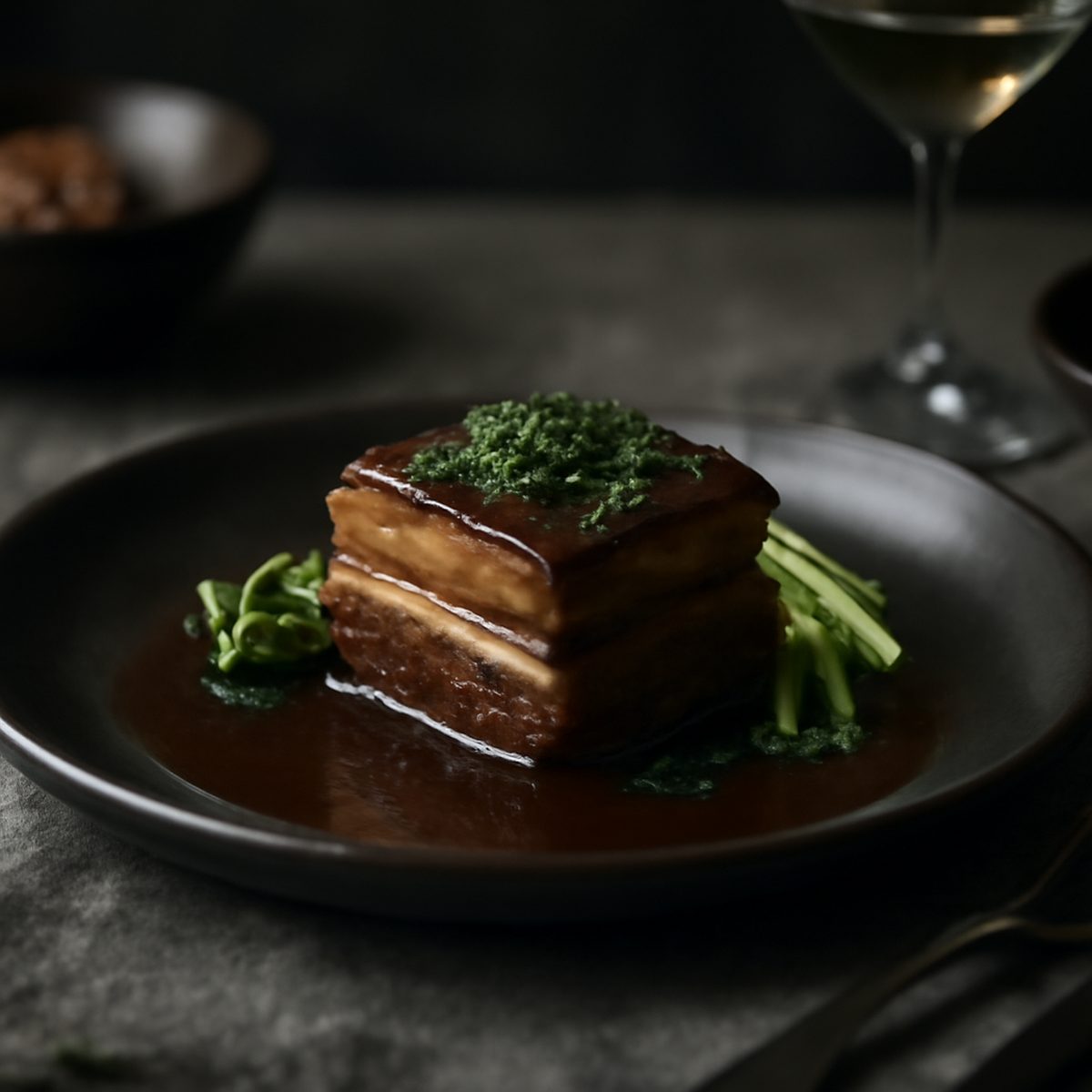 Braised pork belly dish plated elegantly on a dark ceramic plate