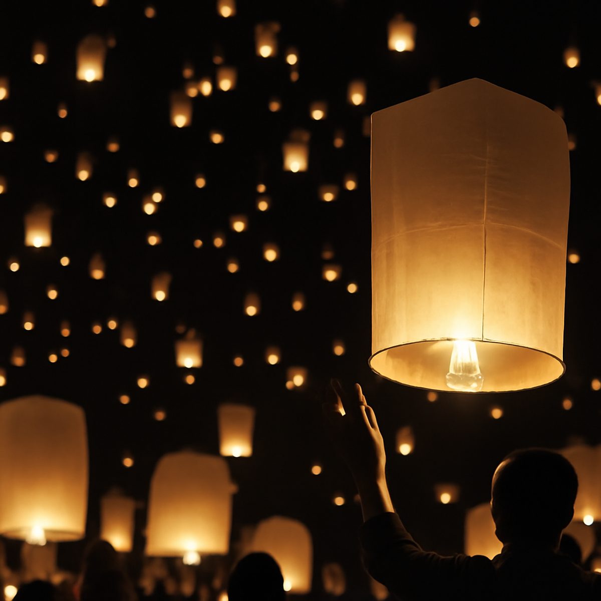 paper lanterns rising into a dark night sky above a temple courtyard