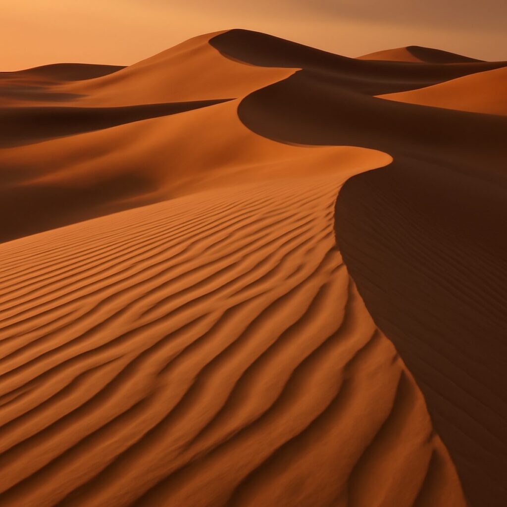 Sweeping golden sand dunes with wind-carved ridgelines at sunset