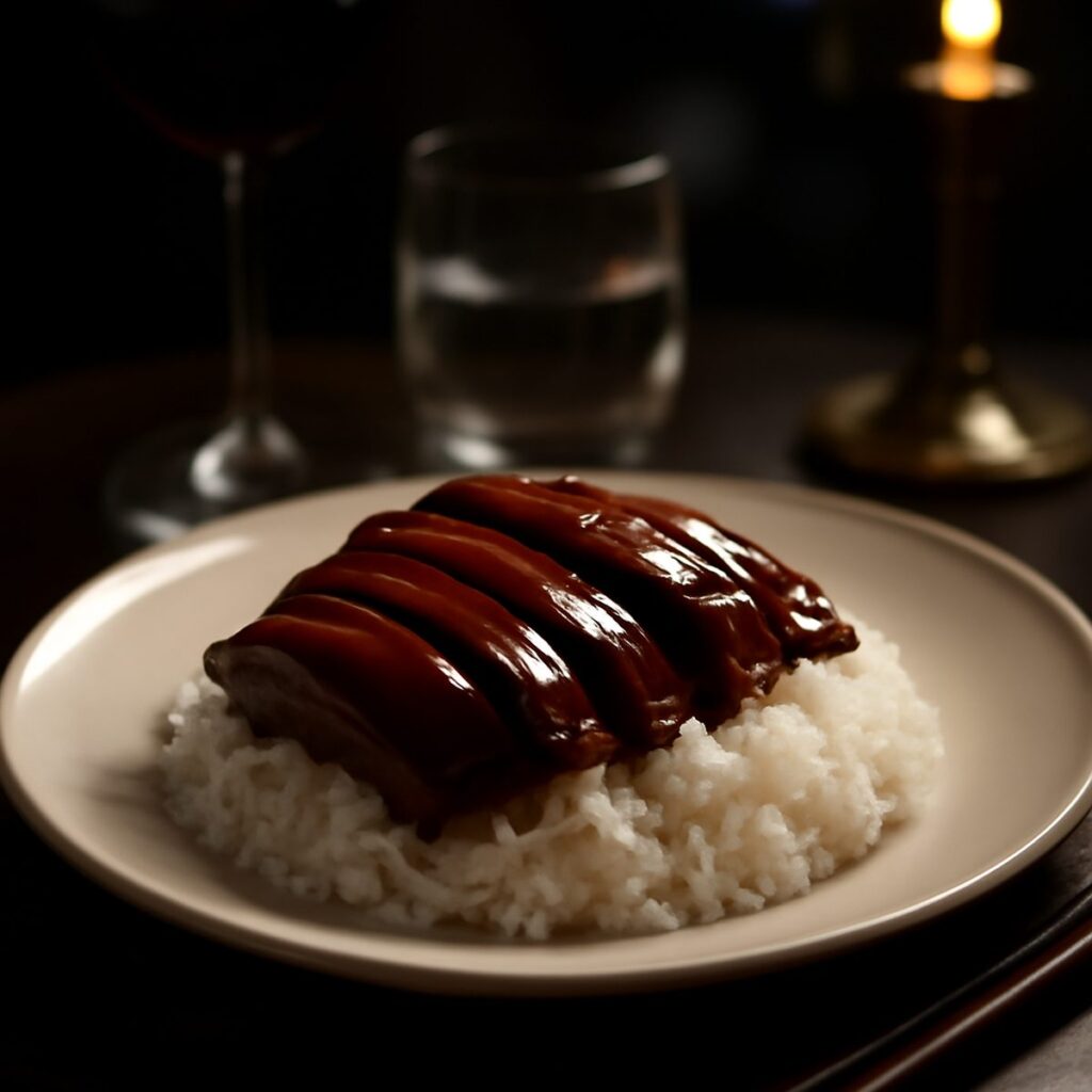 sliced braised duck over rice with dark soy glaze and side of chilli sauce