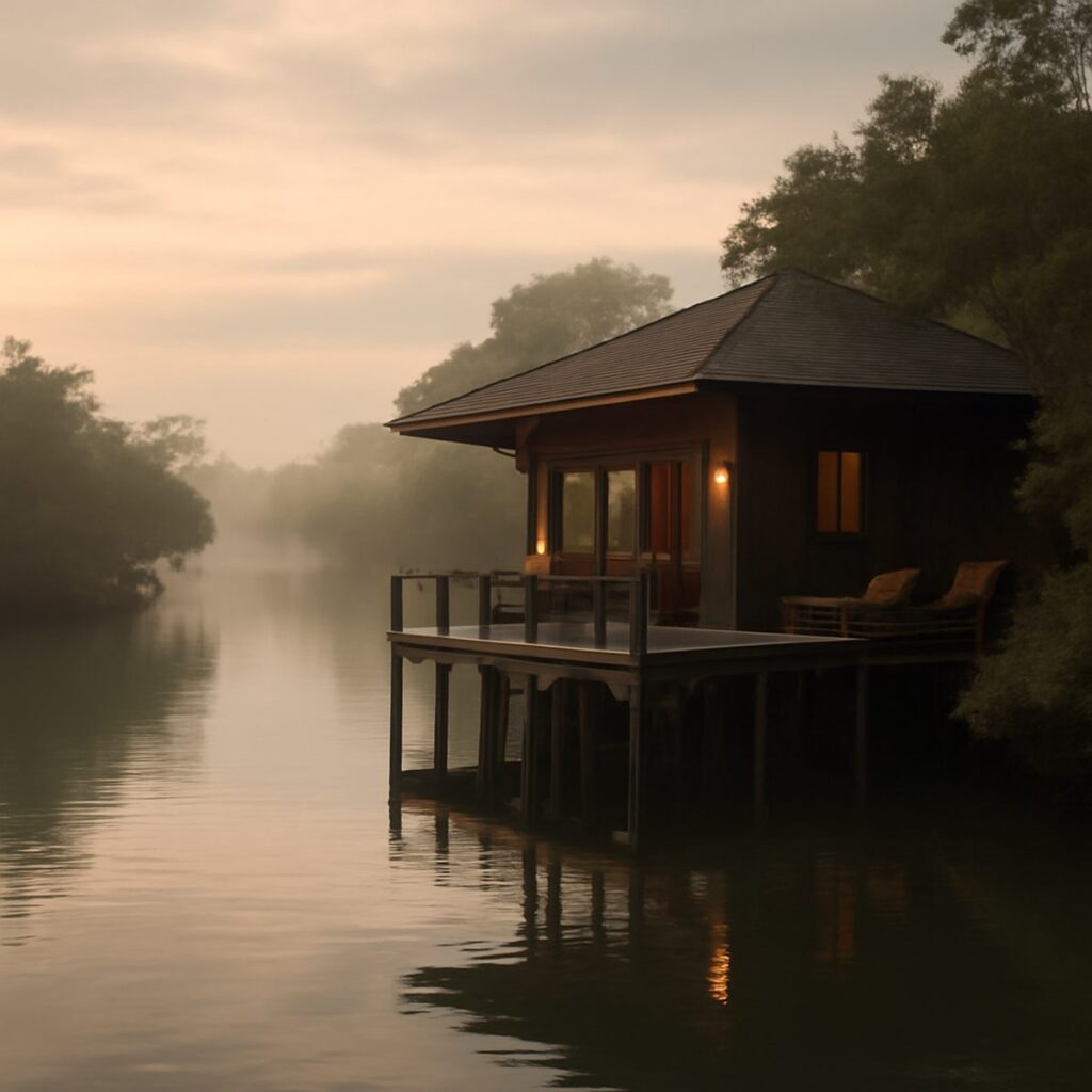 Wooden lodge overlooking a calm mangrove-lined tidal estuary at dawn
