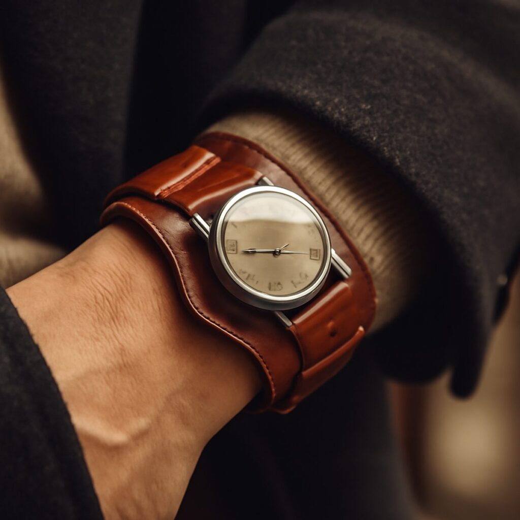 Close-up of a leather bund watch strap with cushioned panel beneath the case