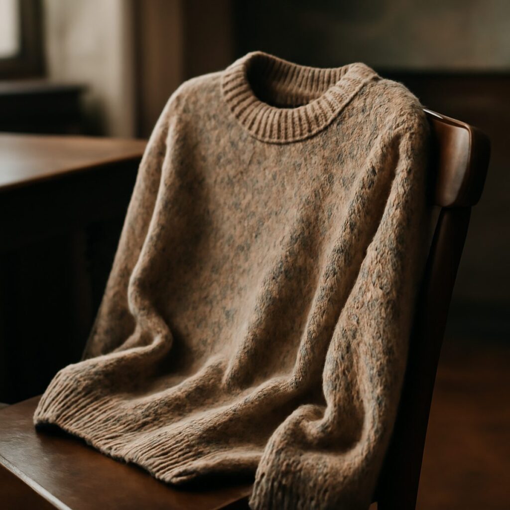 Flecked grey Donegal tweed jumper draped over a wooden chair