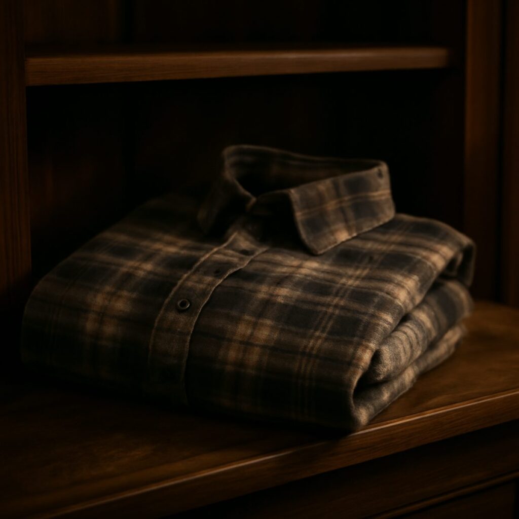 Brushed check flannel shirt folded on a wooden shelf