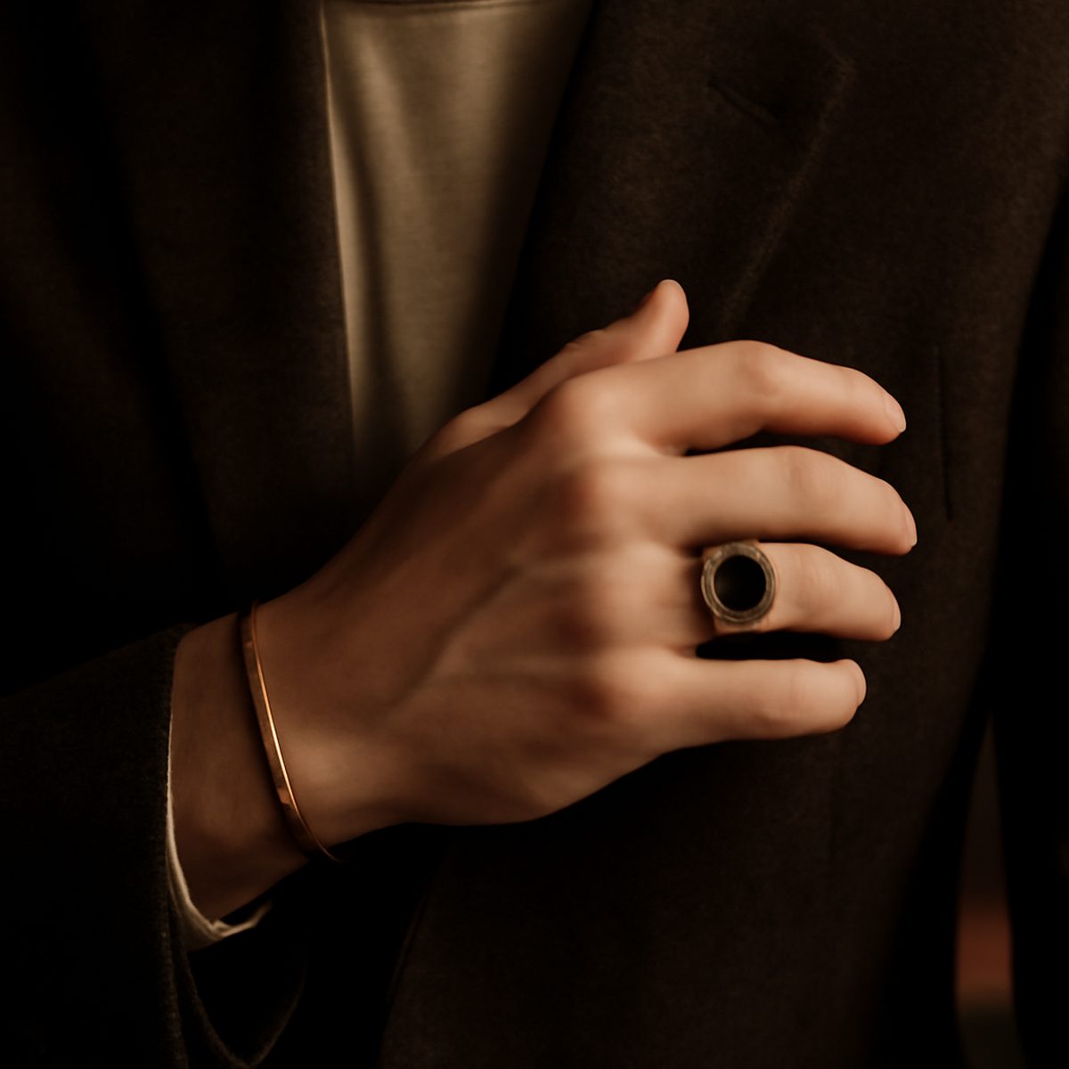 Close-up of a man's hand wearing a signet ring and slim metal bracelet