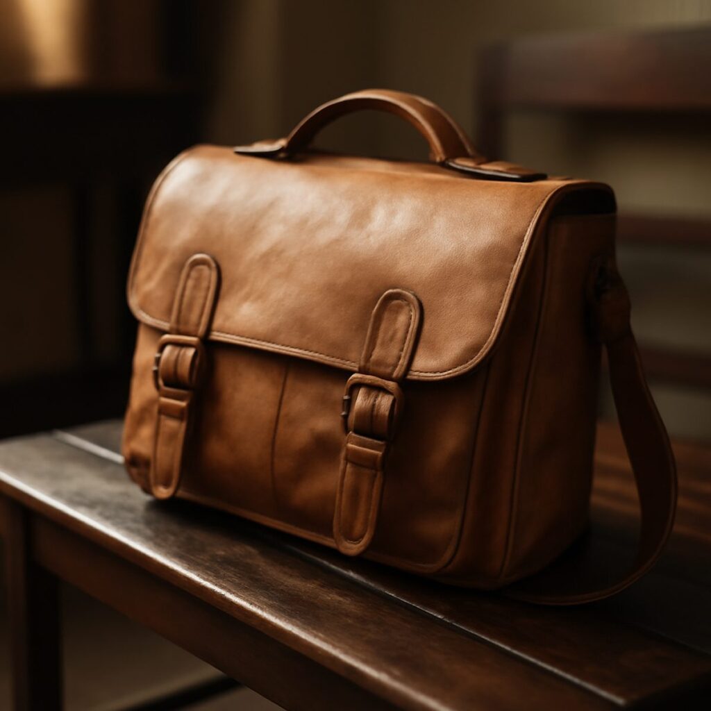 Tan leather messenger bag resting on a wooden bench beside a coffee cup