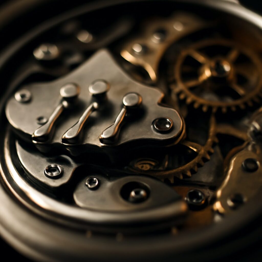 Open watch case back showing intricate chiming mechanism gongs and hammers