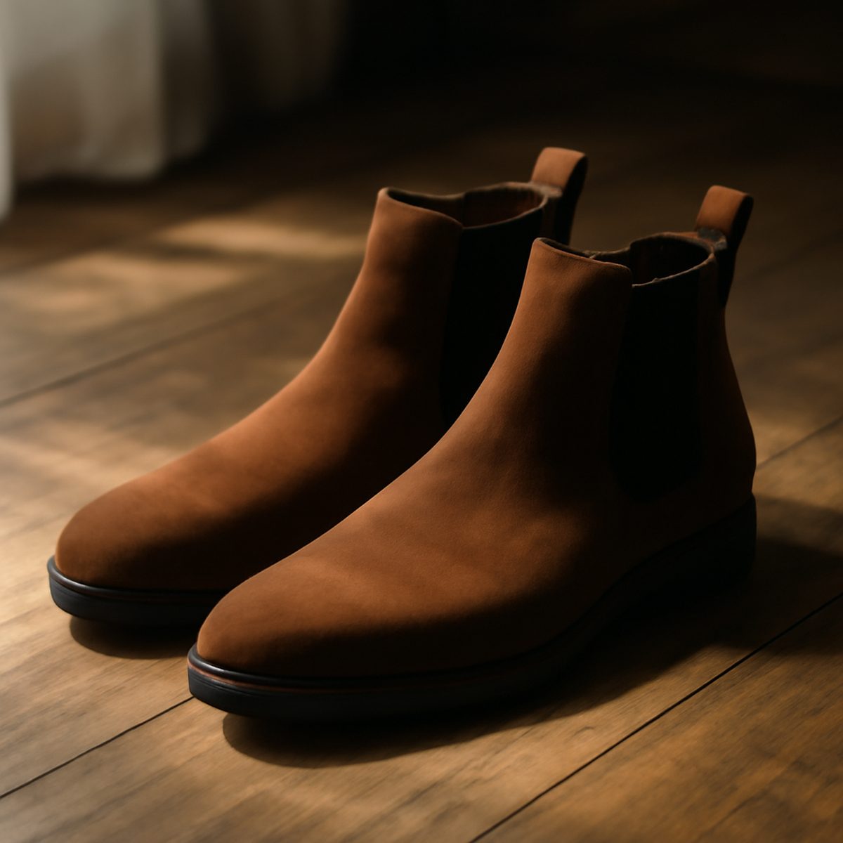 Pair of suede chelsea boots resting on a wooden floor beam
