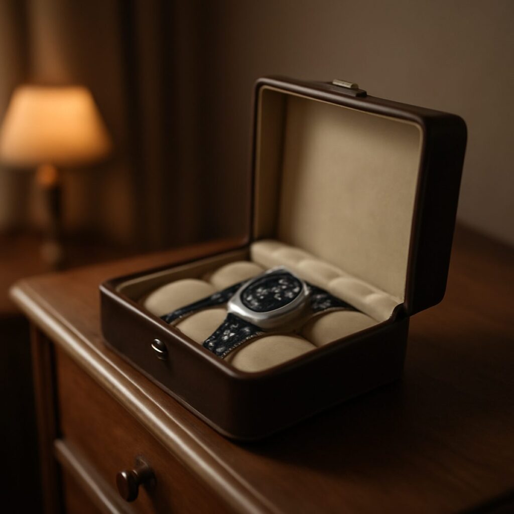 Leather watch box open on a wooden dresser with three watches inside