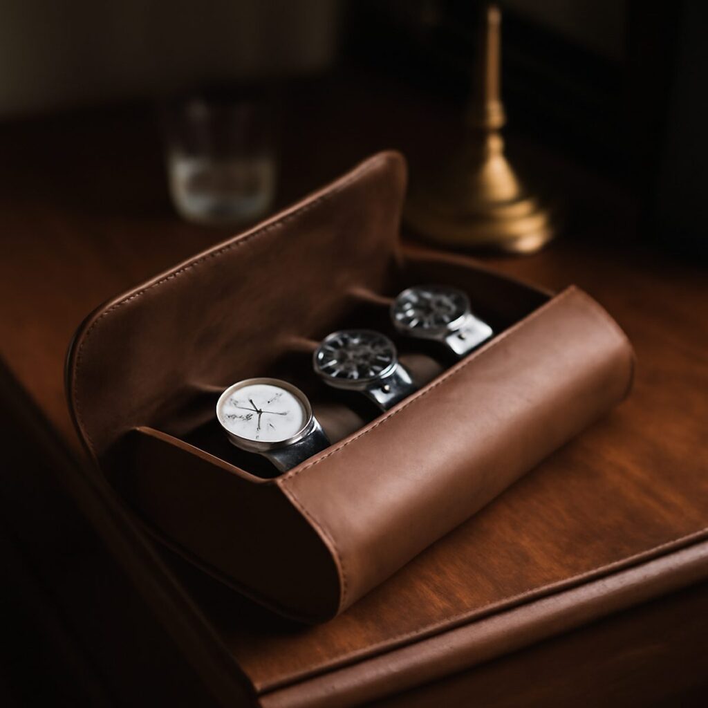 leather watch roll open on a wooden dresser with two watches