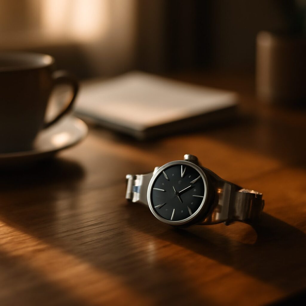 Steel wristwatch resting on a leather desk pad beside a pen