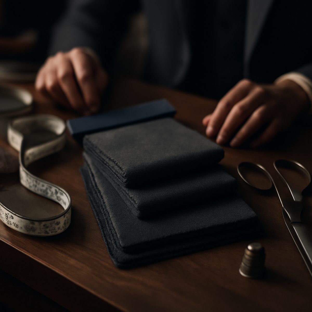 charcoal wool fabric swatches laid across a tailor's cutting table