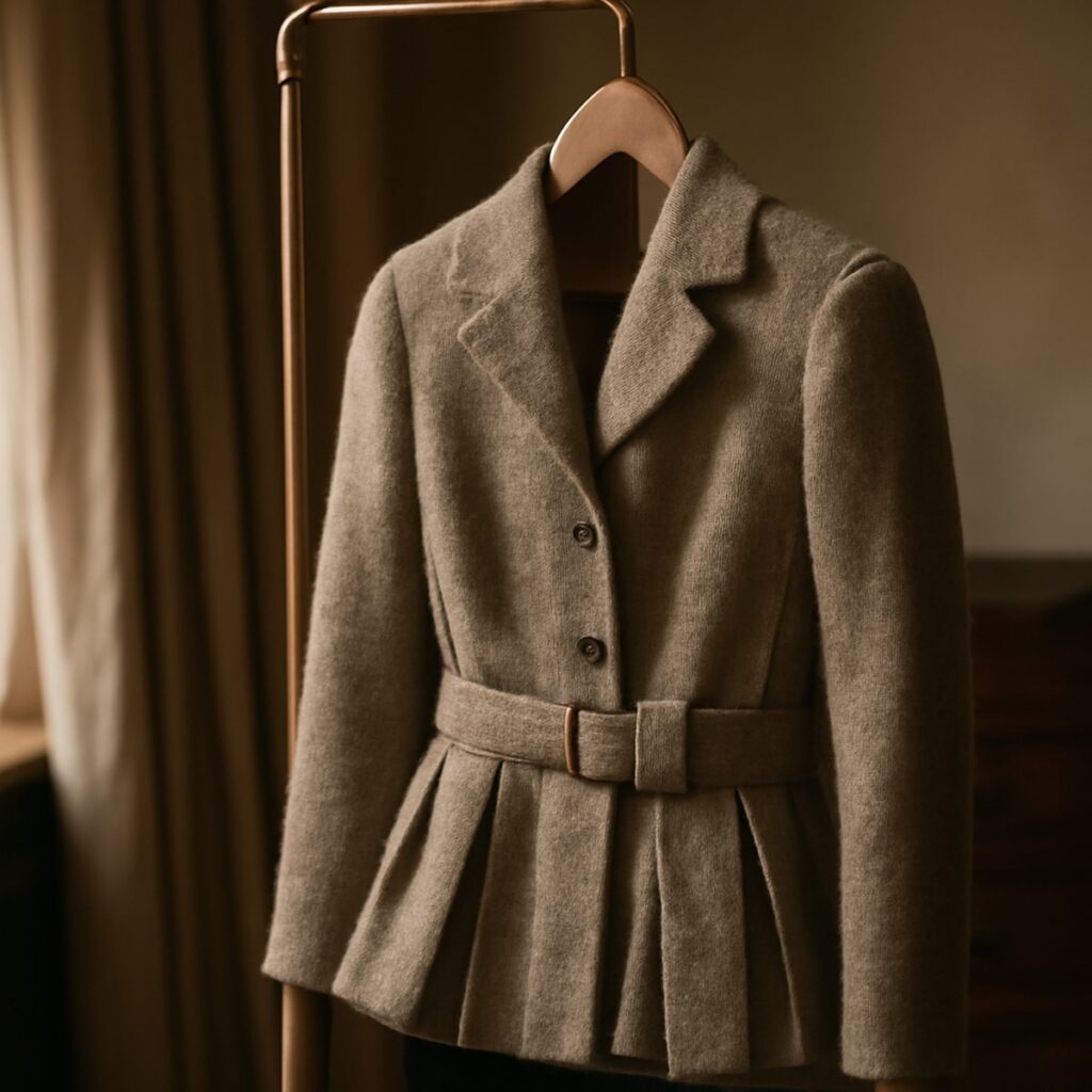 belted tweed Norfolk jacket with box pleats displayed on a tailor's rack