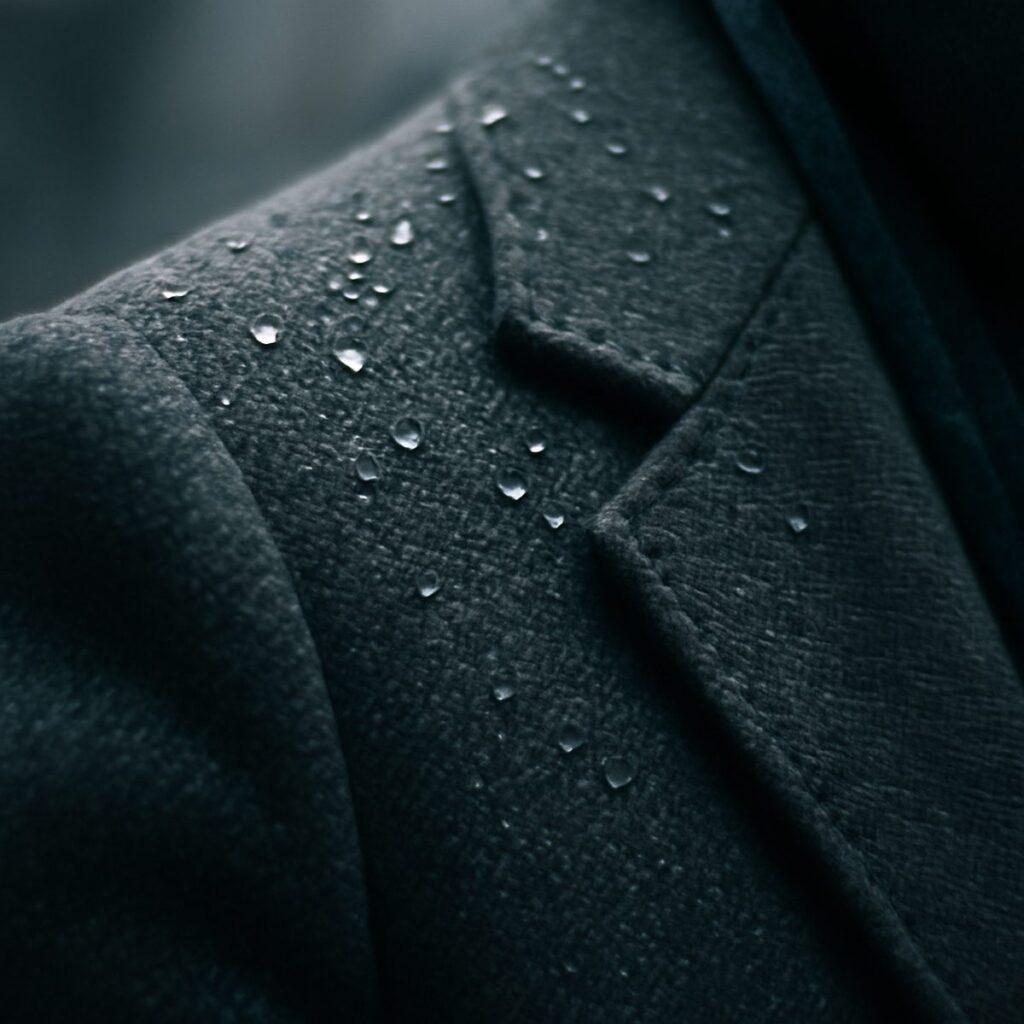 raindrops beading on the tightly woven surface of a technical coat fabric