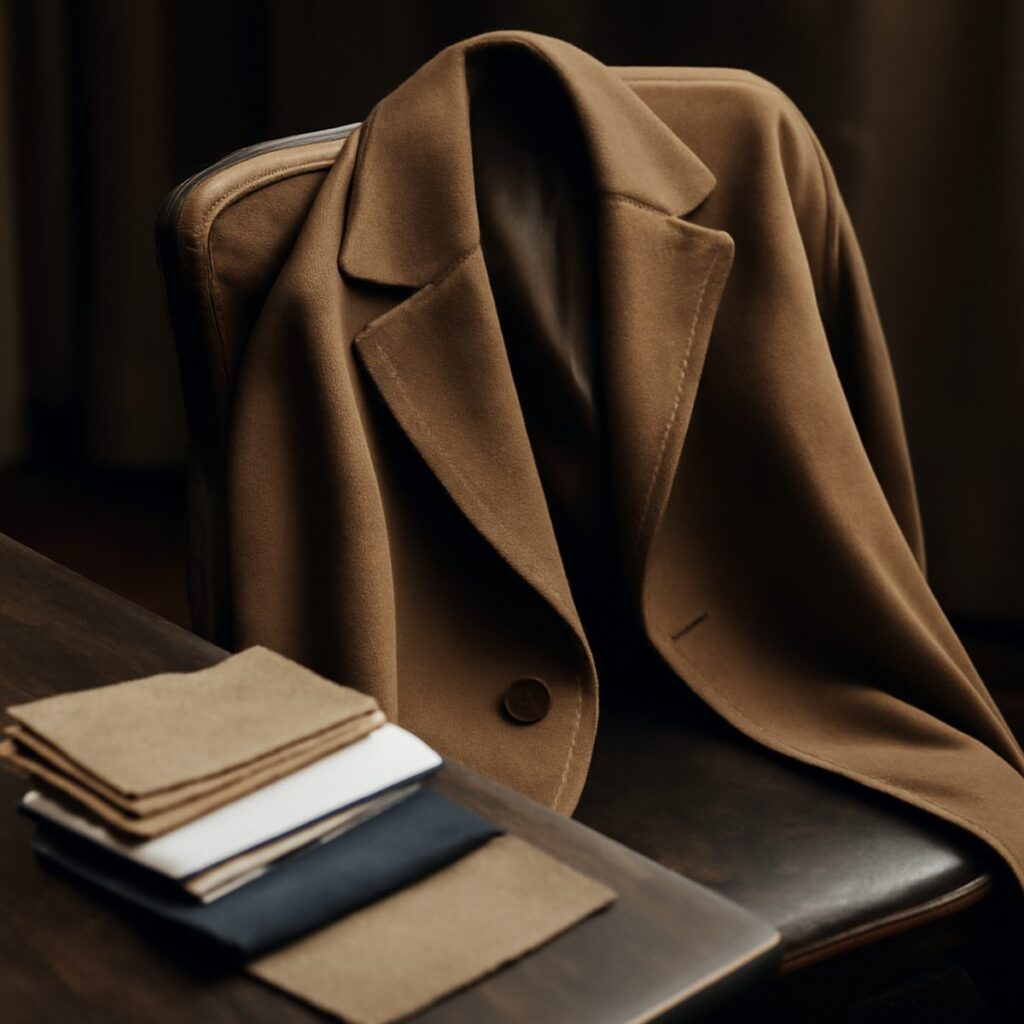 Wool coat draped over a chair beside folded fabric swatches