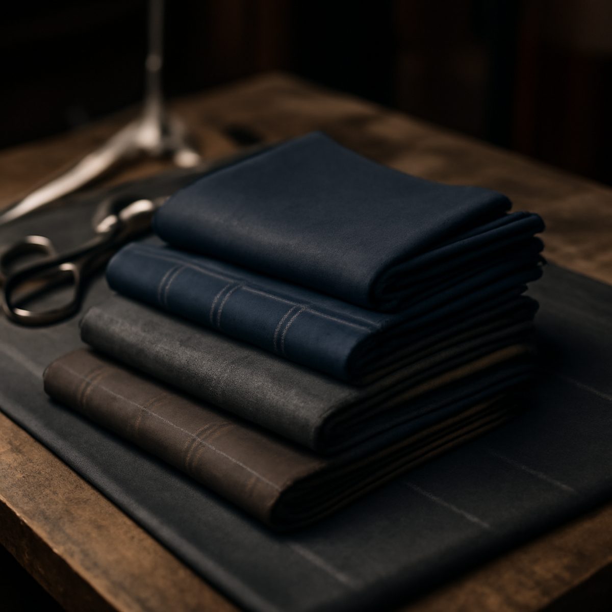 folded charcoal suit fabric swatches on a tailor's cutting table