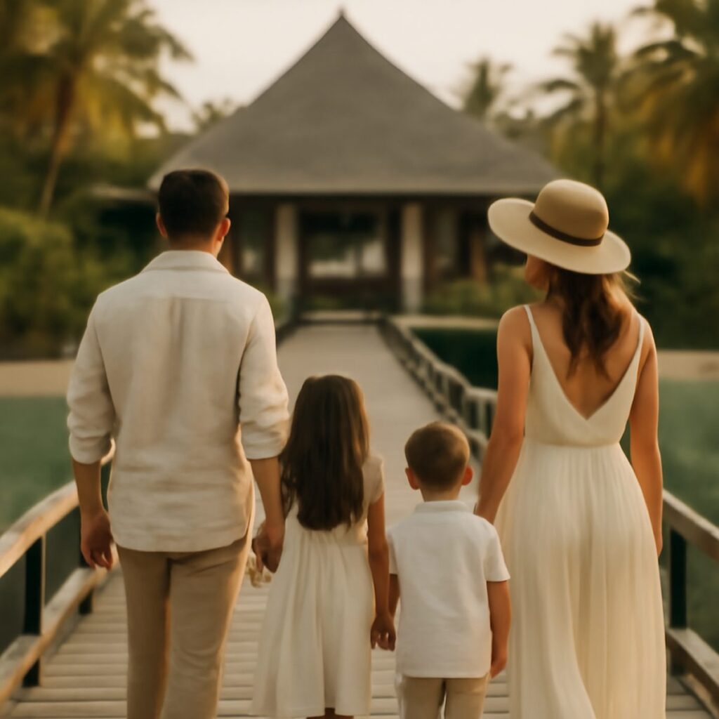family walking along a resort boardwalk toward an open-air pavilion