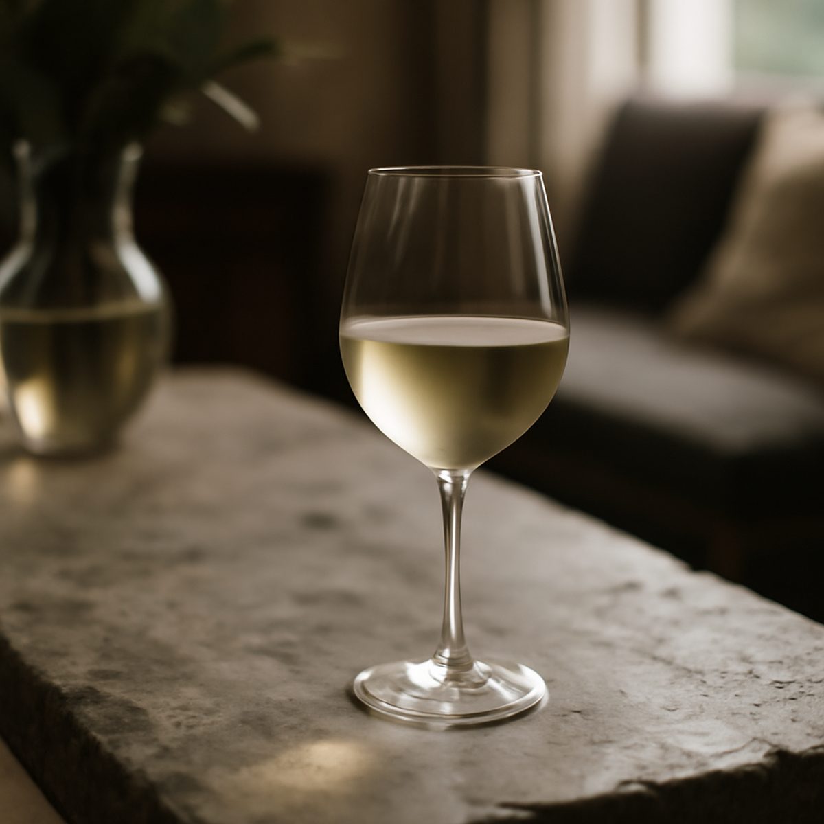 glass of pale golden white wine on stone table with vineyard hills behind