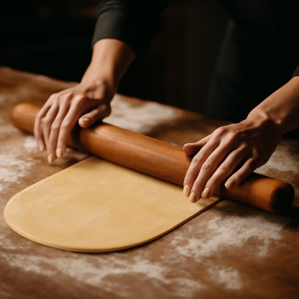 Fresh pasta dough being rolled and cut by hand on floured surface