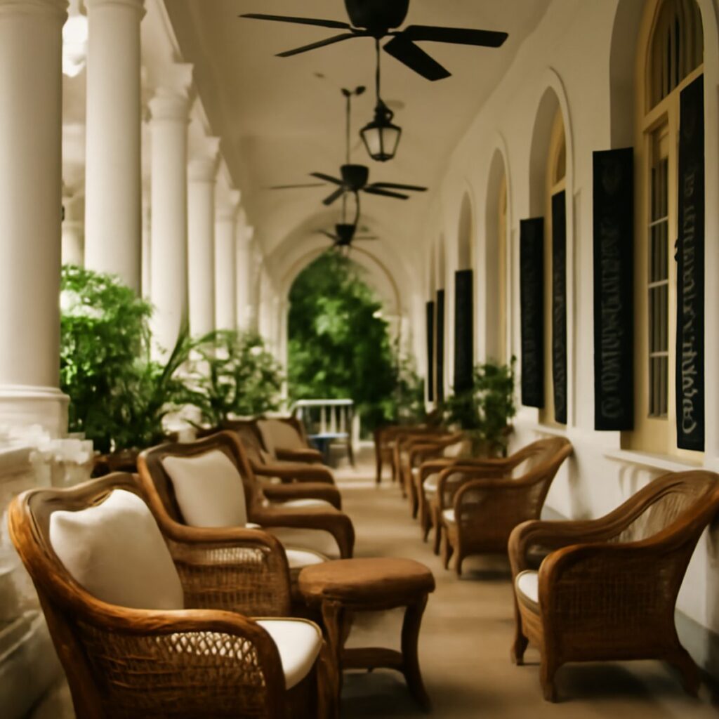 Grand colonial hotel veranda with ceiling fans and rattan chairs