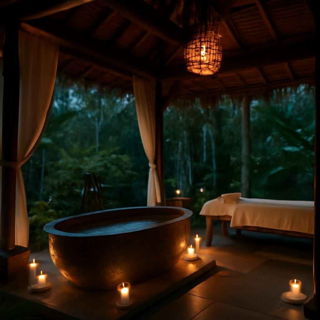 Open-air spa treatment pavilion overlooking a tropical jungle valley at dusk