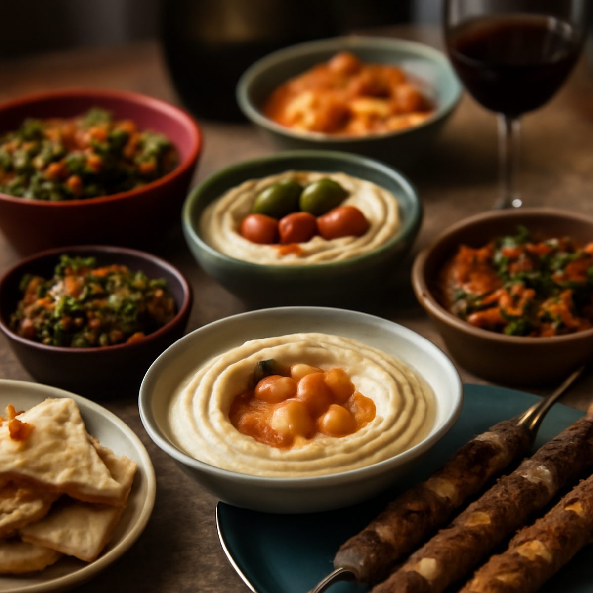 spread of mezze plates including hummus, tabbouleh and grilled meats on table