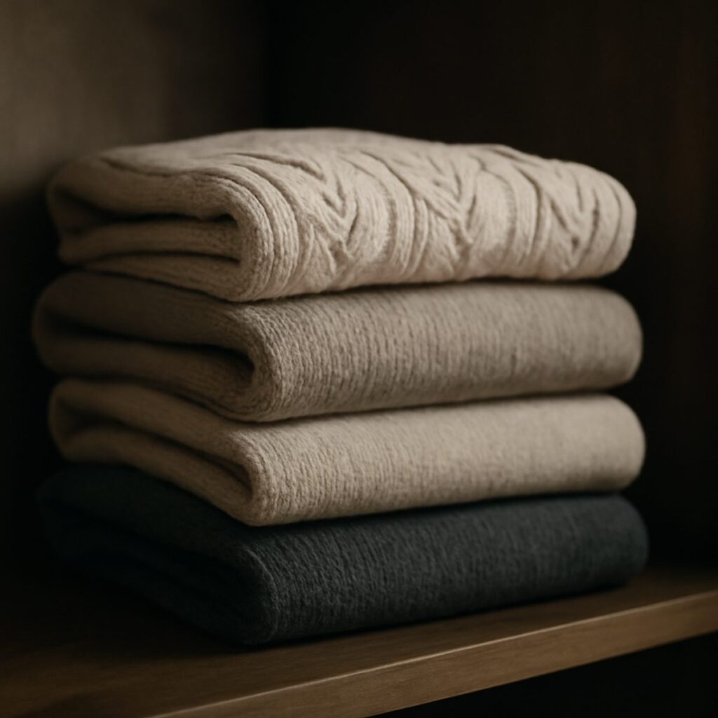 folded cashmere loungewear in charcoal and oatmeal tones on a shelf