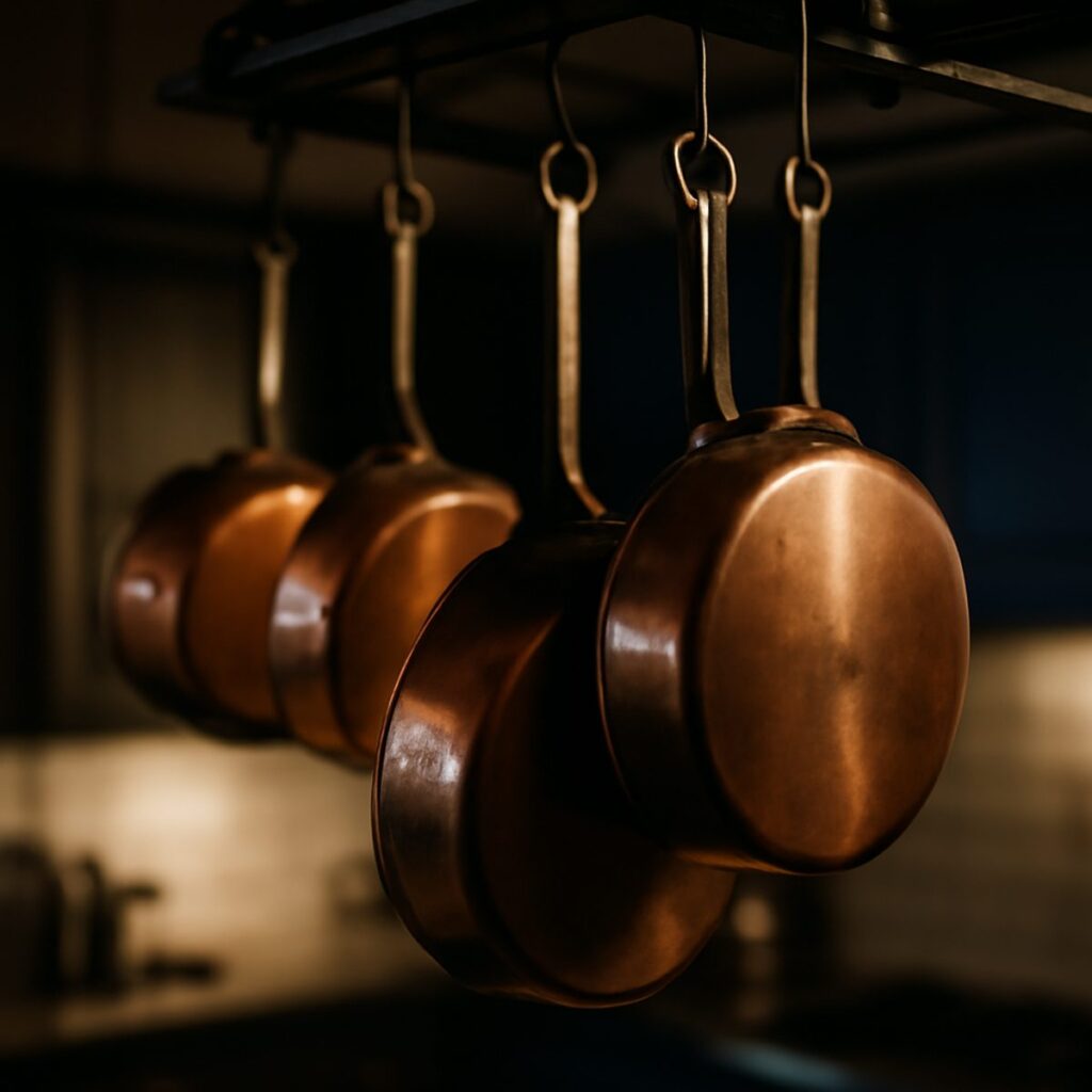 brass overhead pot rack hanging above a marble kitchen island