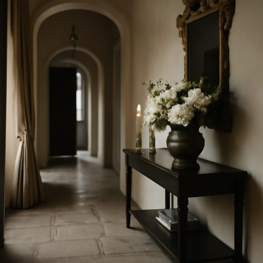 Stone-floored entrance hallway with console table and pendant light