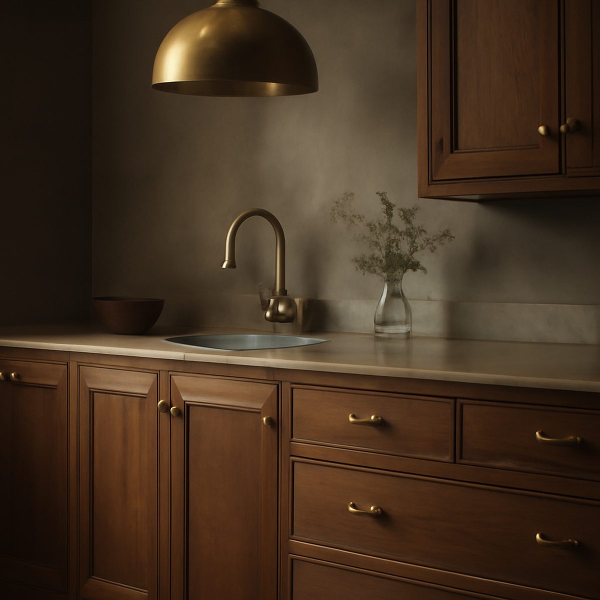 Timber kitchen cabinetry with warm brass hardware and pendant lighting