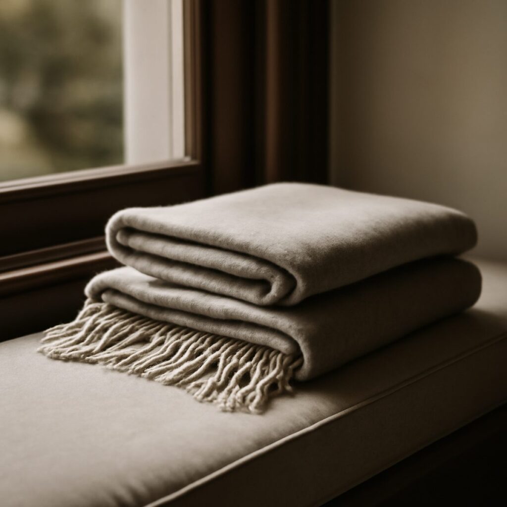 Wool throw and cushions on a window seat reading corner