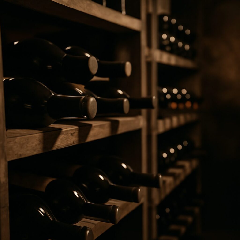 Rows of Burgundy and Barolo wine bottles resting in a dim wine cellar
