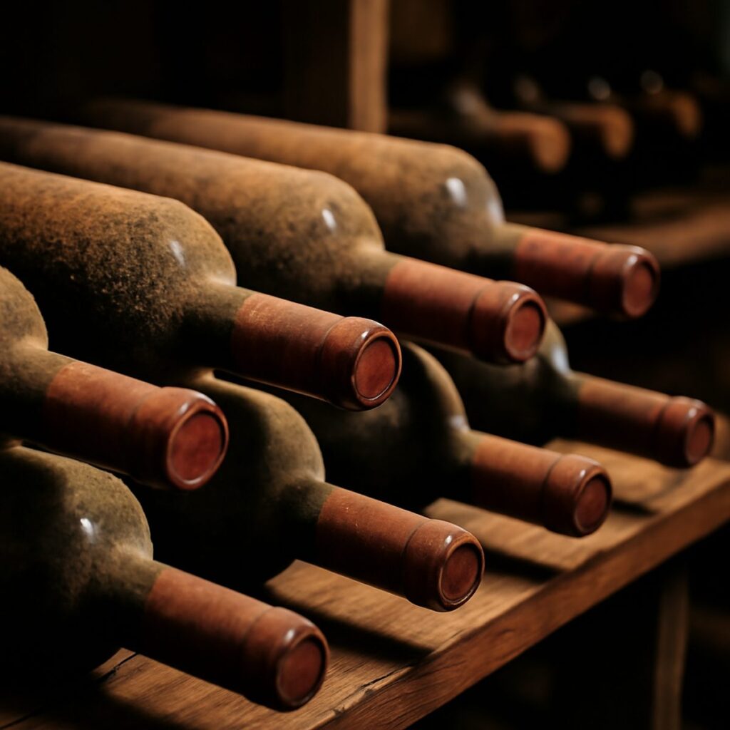 rows of dusty red wine bottles resting on a wooden cellar rack