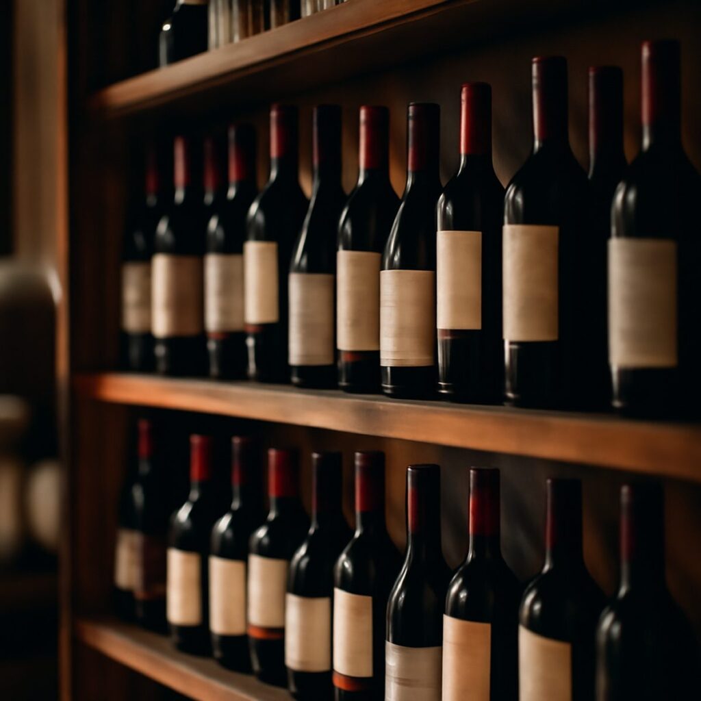 Rows of red wine bottles on a merchant's wooden shelving