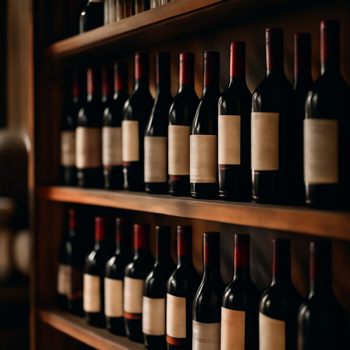 Rows of red wine bottles on a merchant's wooden shelving