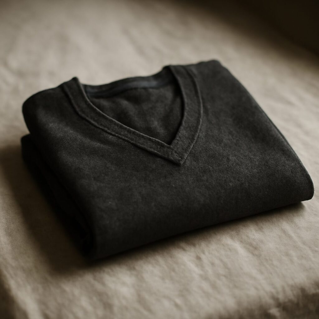 folded charcoal merino wool sweater on a linen textured surface