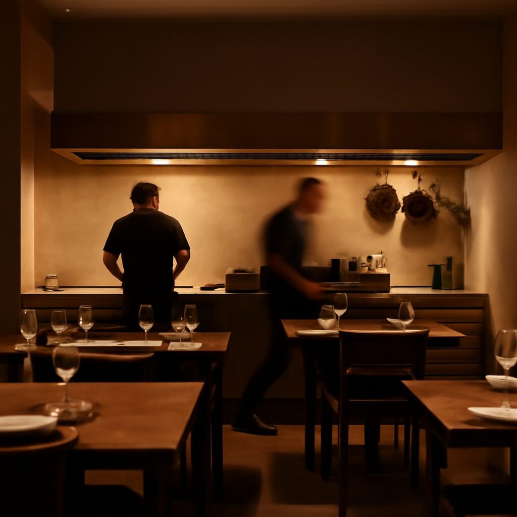 minimalist restaurant dining room with open kitchen and warm lighting