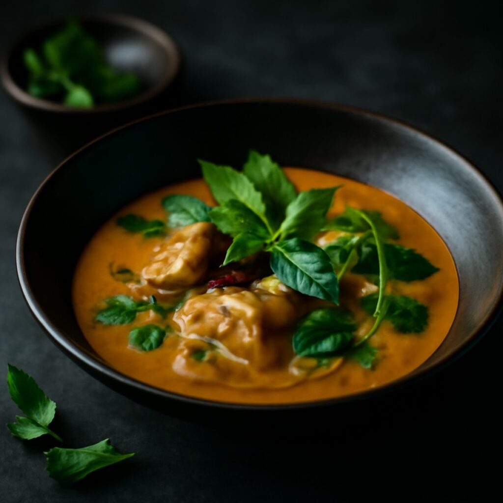 elegantly plated Thai curry dish with herbs on dark ceramic plate